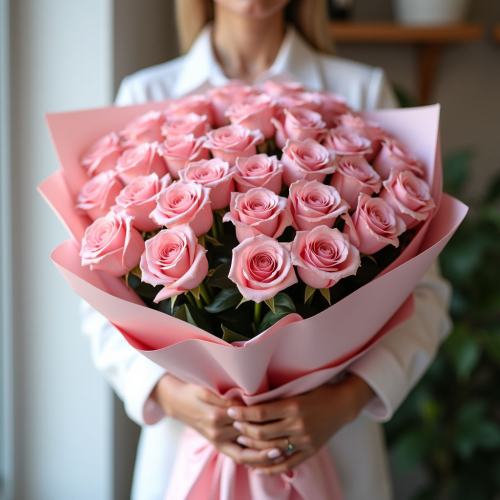 Букет 101 роза розовая Россия 60 см