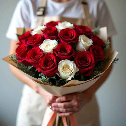 Букет 101 красная и белая роза 40см (Кения)