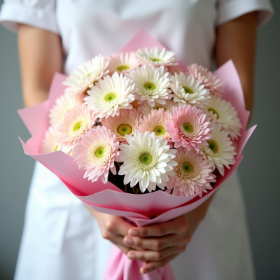 Нежный букет из 23 хризантем